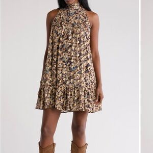MELLODAY Floral Halter Dress in Brown, Yellow and Blue